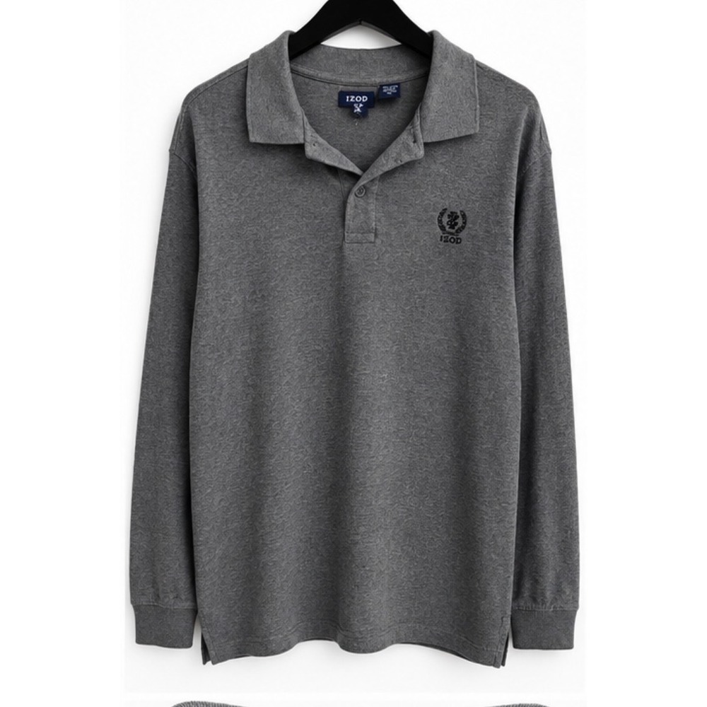 IZOD Mens XL Gray Long Sleeve Cotton Polo Shirt Embroidered Crest Logo Heather